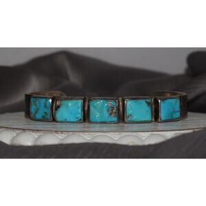 Vintage Navajo BH Sterling Square Turquoise Cuff Bracelet 22.9G / 6.5in